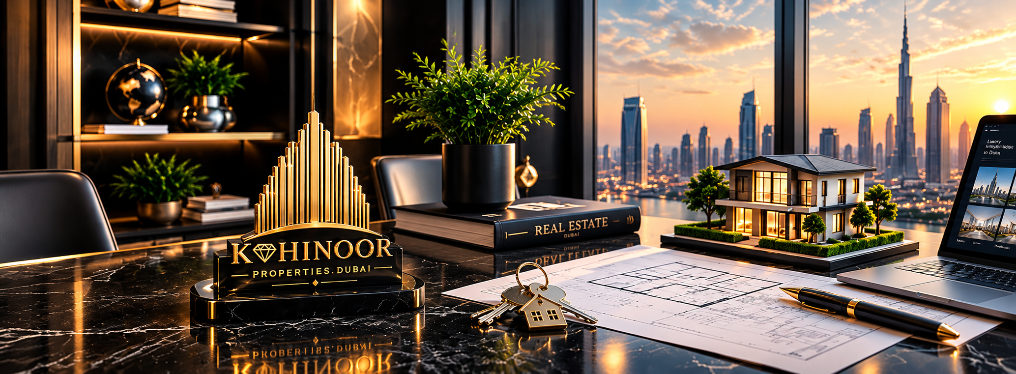 Kohinoor desk in Dubai — keys, plans, and the house on the table