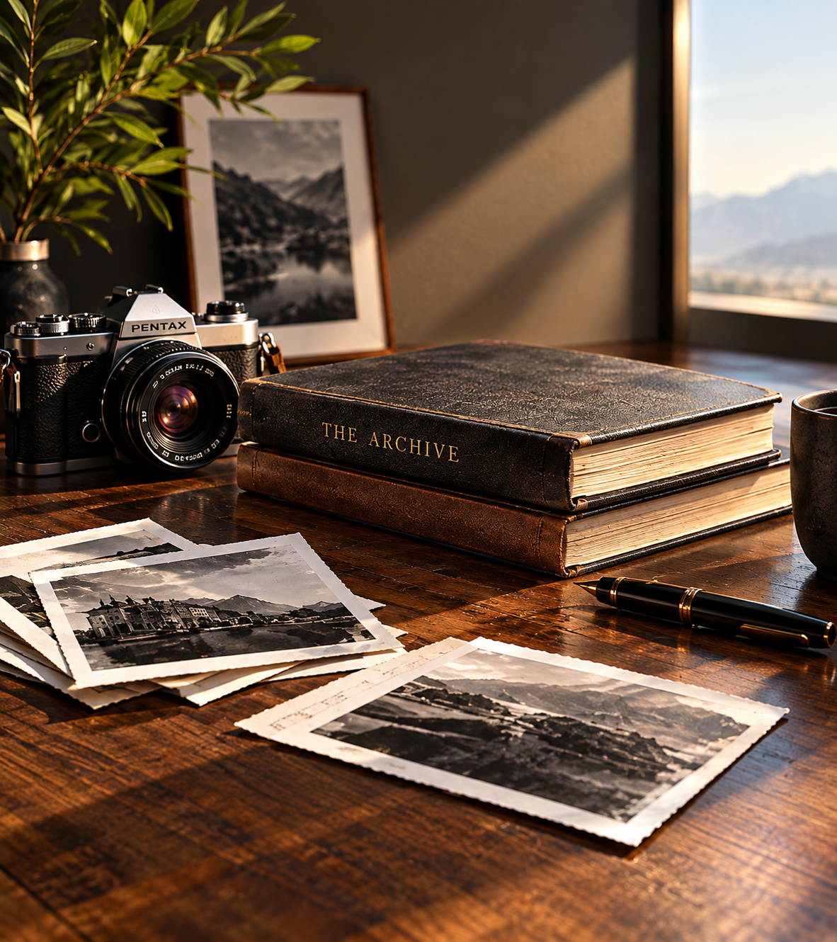 The archive on the desk — bound volumes, photographs, and a pen