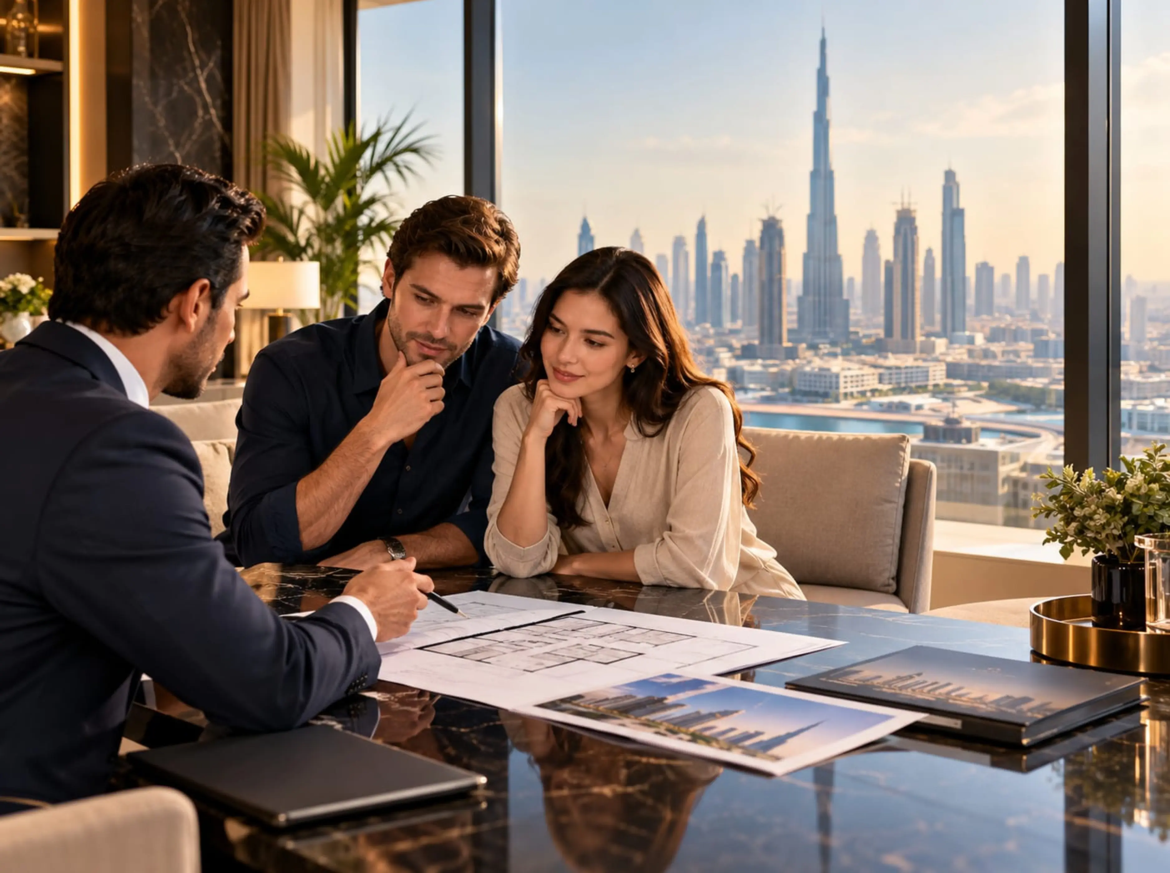 A couple reviewing floor plans at the allocation desk