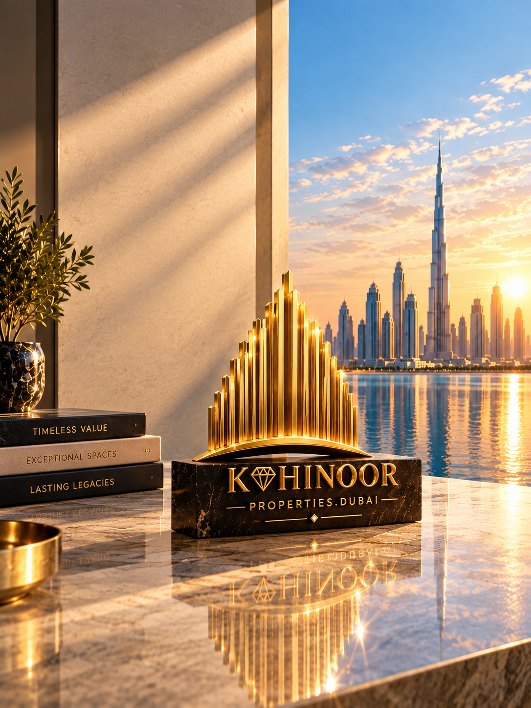 Kohinoor diamond sculpture overlooking the Dubai skyline