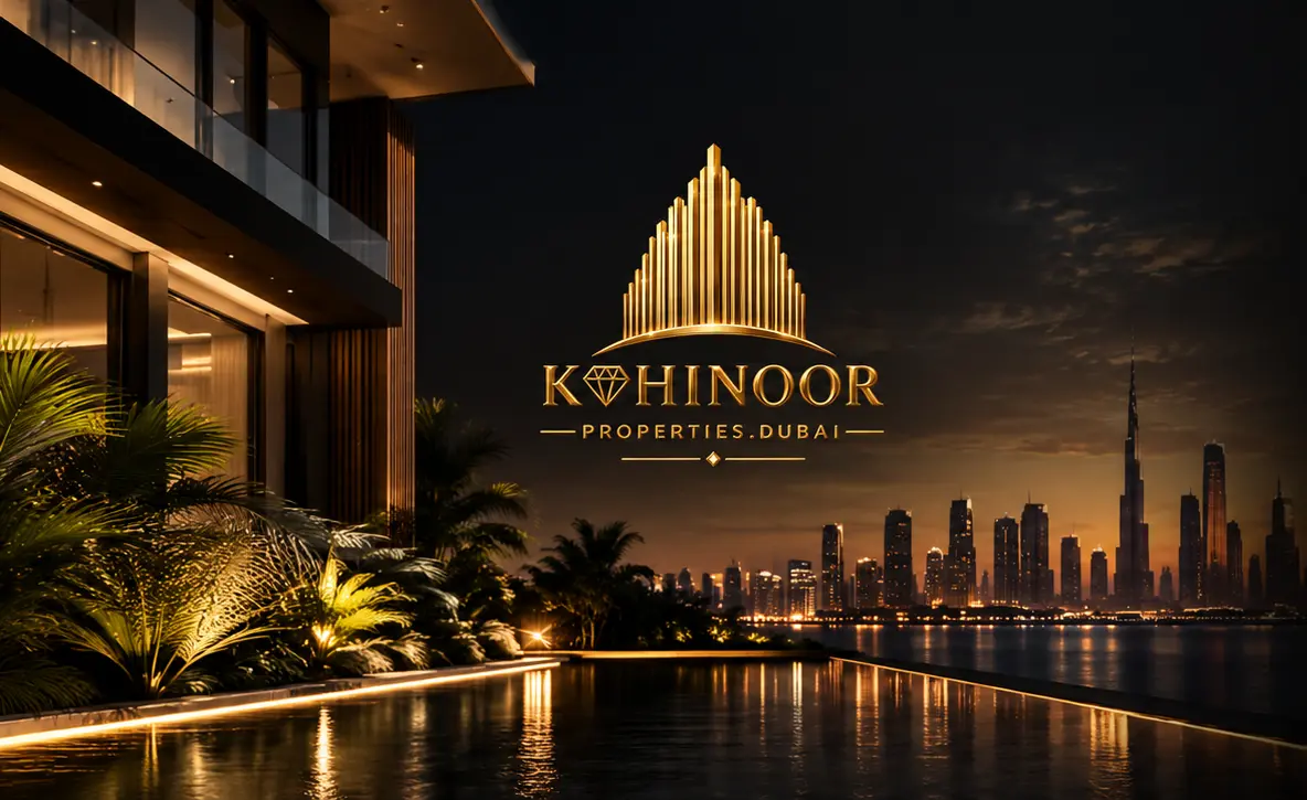 Kohinoor Properties mark over a night view of Dubai from a villa terrace